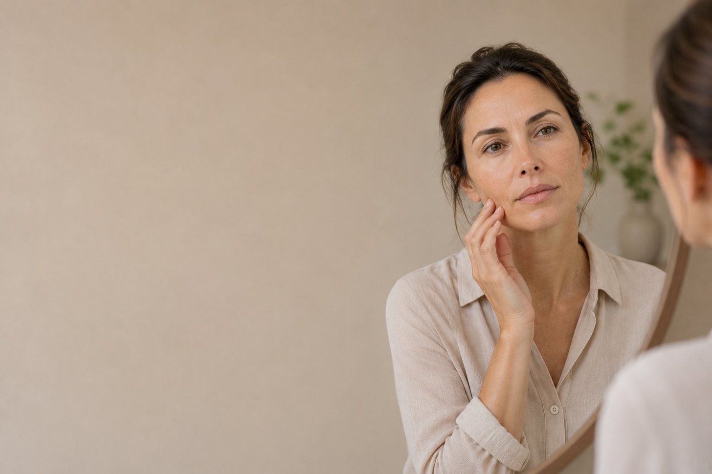 Woman considering her skin in the mirror